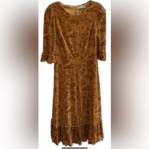 Grace Karin Brown Floral Burnout Midi Dress Ruffle Hem 3/4 Sleeve S